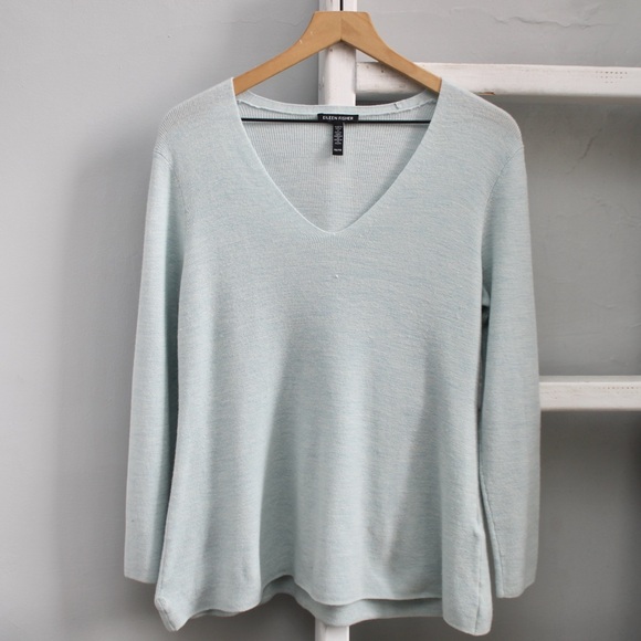 Eileen Fisher Sweaters - Eileen Fisher Merino Wool Knit V-Neck Pullover Tunic Light Blue Sweater Medium